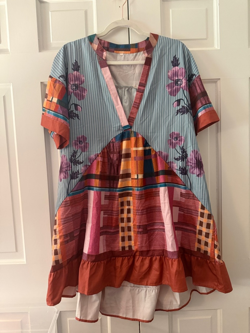 Multicolor Patchwork Floral Dress - Blue, Pink, Rust